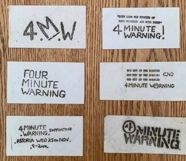 Stickers for 4 Minute Warning, a post-punk band from Edinburgh
