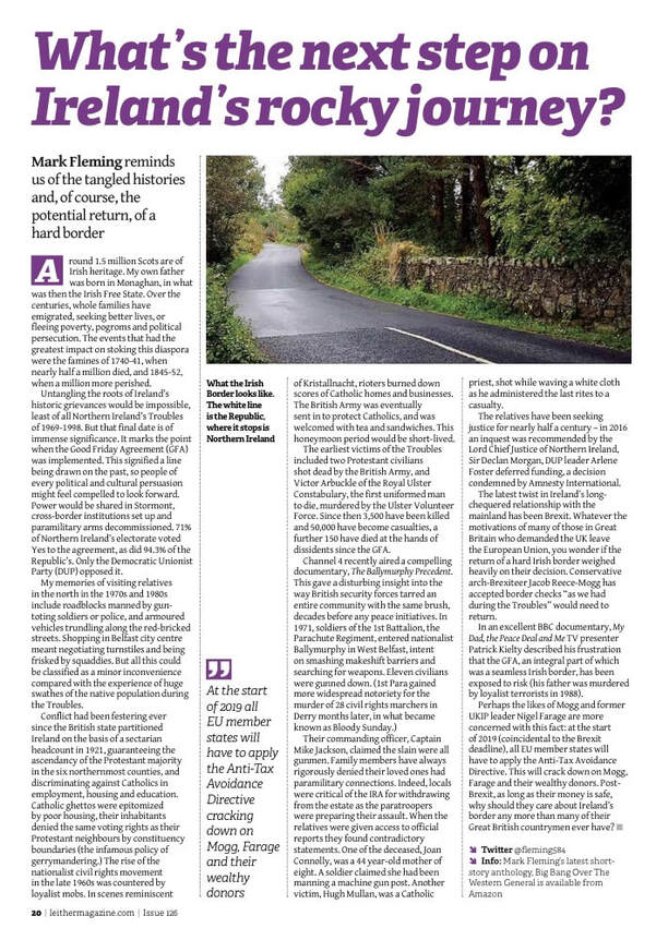 Screenshot of article in The Leither by mental health writer, Mark Fleming, about Ireland, The Troubles, and Brexit's threat of the return of a hard border