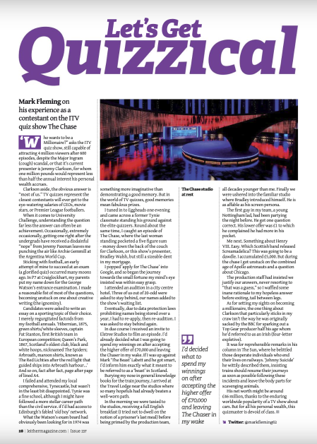Screenshot of article from Issue 137 of The Leither, Mark Fleming describing his experience of being a contestant on ITV quiz show, The Chase